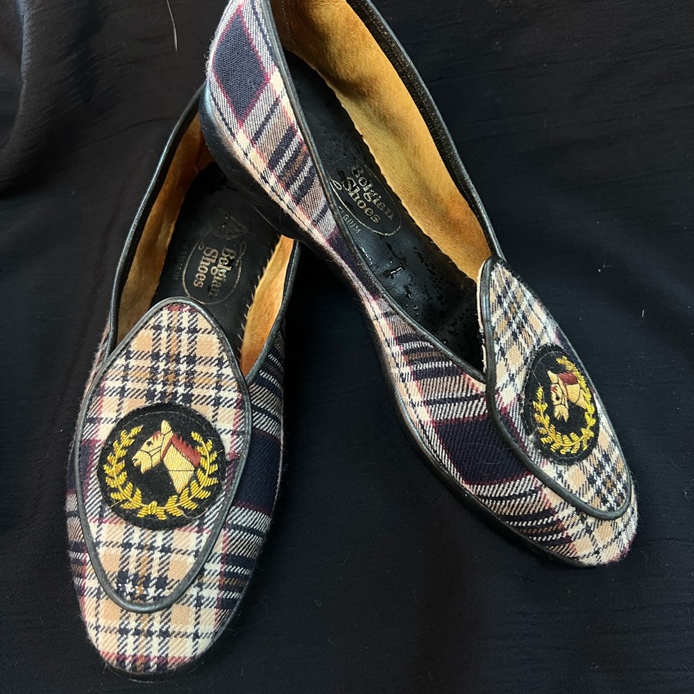 Belgian Women’s Elegant Plaid Loafers with Embroidered Crest
